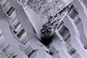 Electron microscope image of a turntable stylus playing a record
